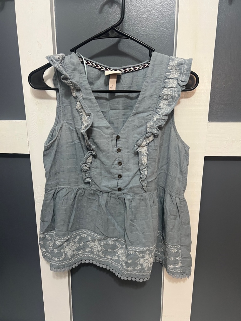 Woven Ruffle V-Neck Peplum Top - Dusty Blue